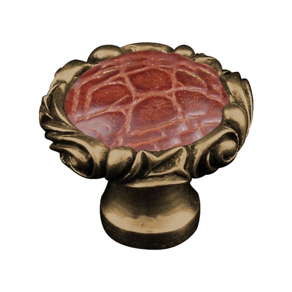 Vicenza K1119P-AB-BP Liscio Knob Large Small Base with Insert in Antique Brass with Pebble Leather Insert