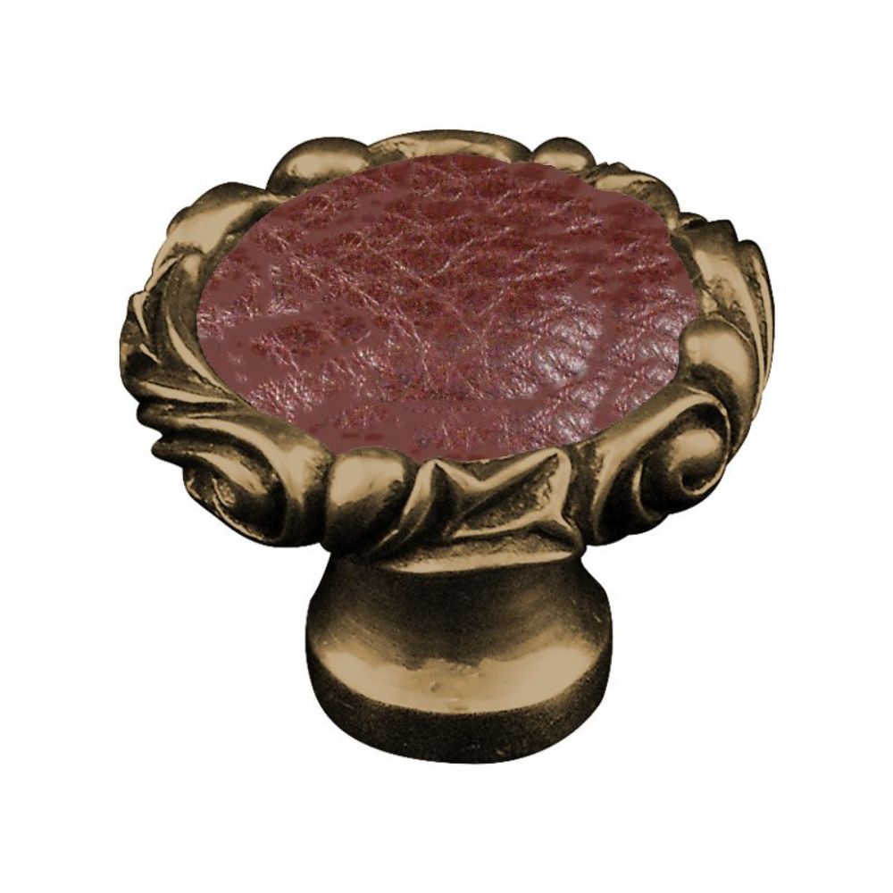 Vicenza K1119P-AB-BR Liscio Knob Large Small Base with Insert in Antique Brass with Brown Leather Insert