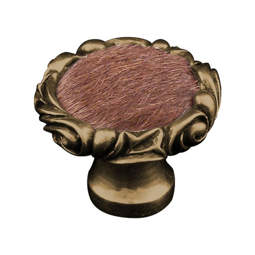 Vicenza K1119P-AB-FB Liscio Knob Large Small Base in Antique Brass with Brown Leather and Fur Insert