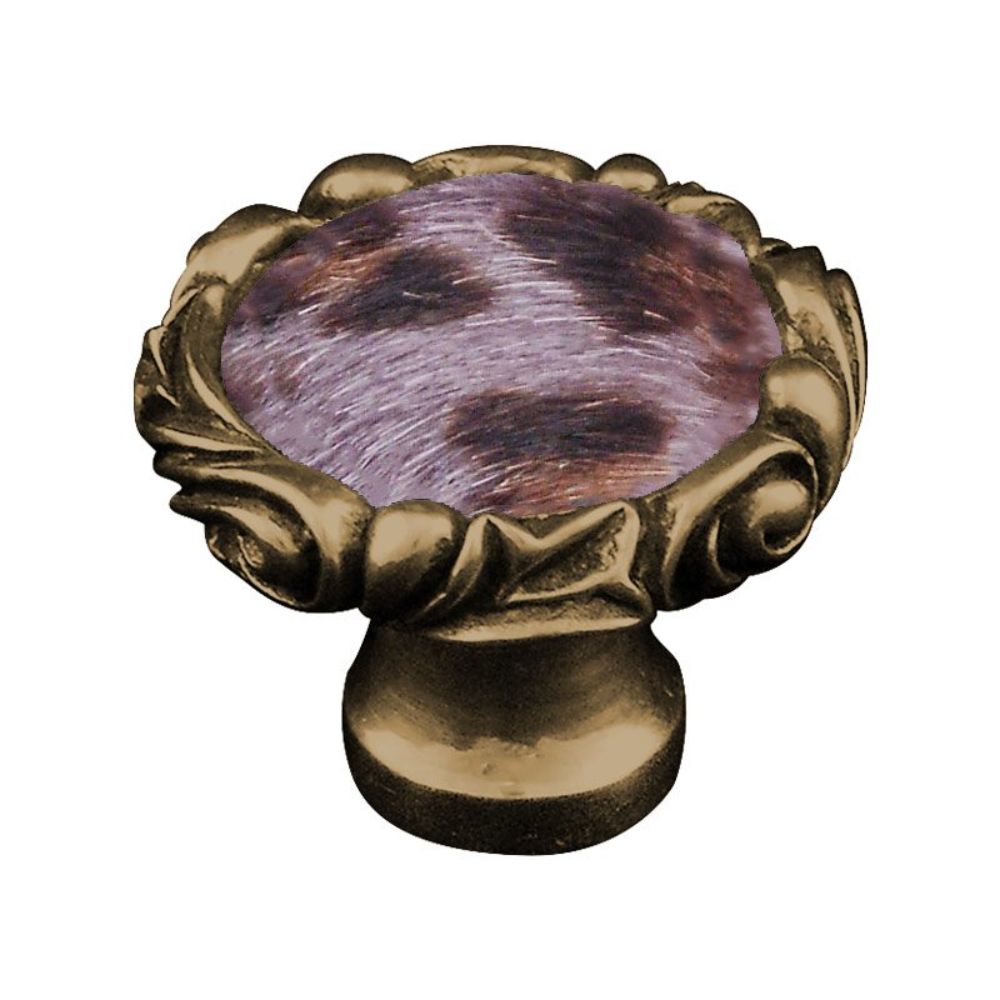 Vicenza K1119P-AB-GR Liscio Knob Large Small Base in Antique Brass with Gray Leather and Fur Insert