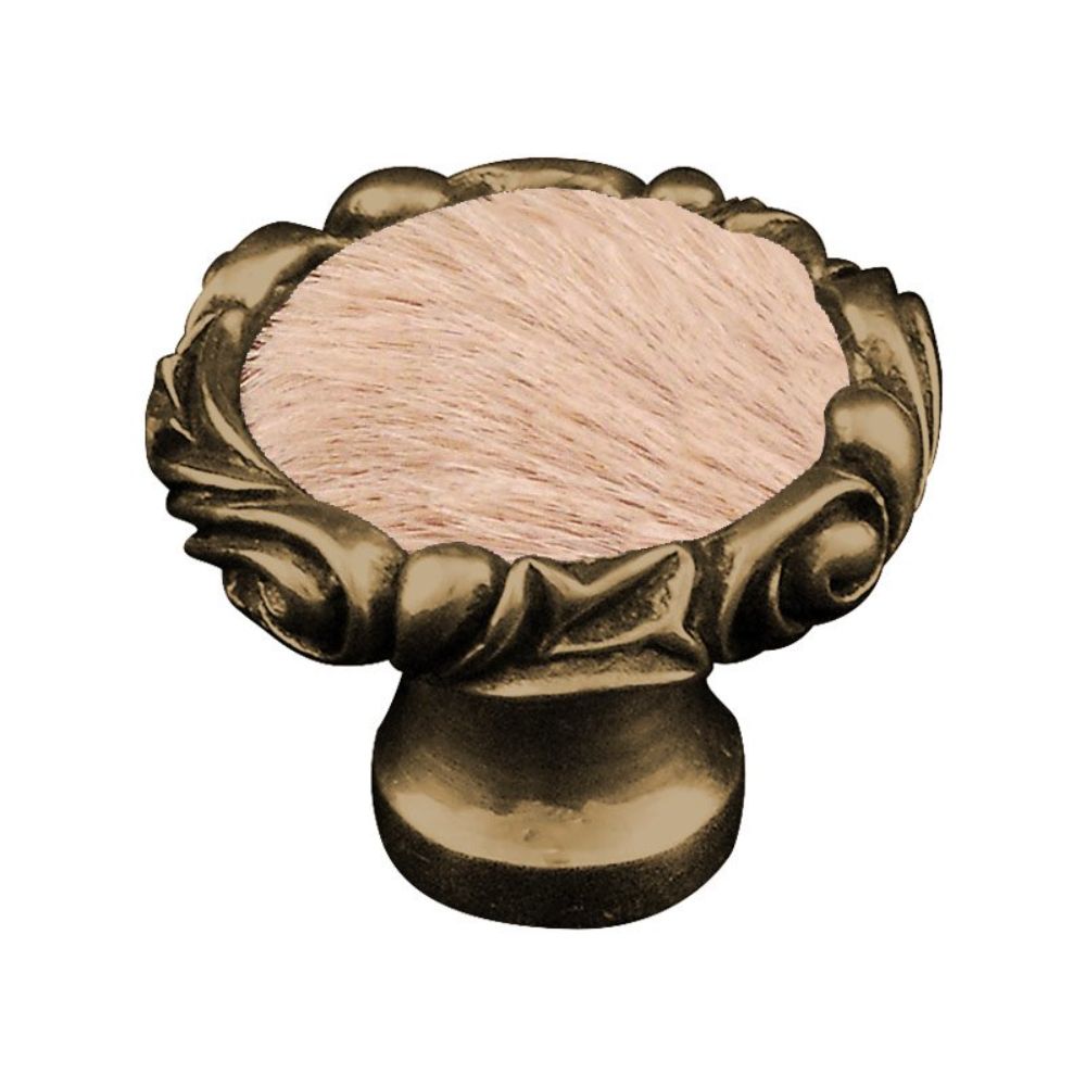 Vicenza K1119P-AB-TF Liscio Knob Large Small Base in Antique Brass with Tan Leather and Fur Insert