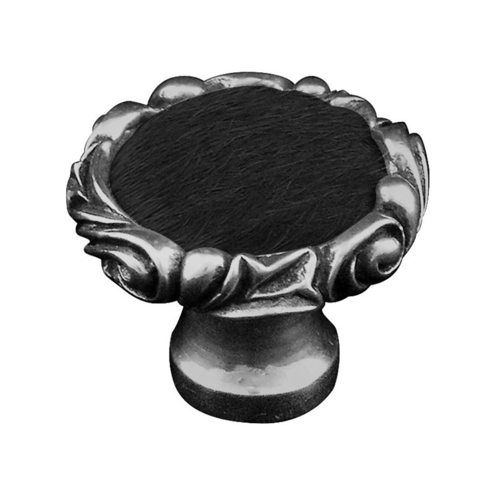 Vicenza K1119P-AN-BF Liscio Knob Large Small Base in Antique Nickel with Black Leather and Fur Insert