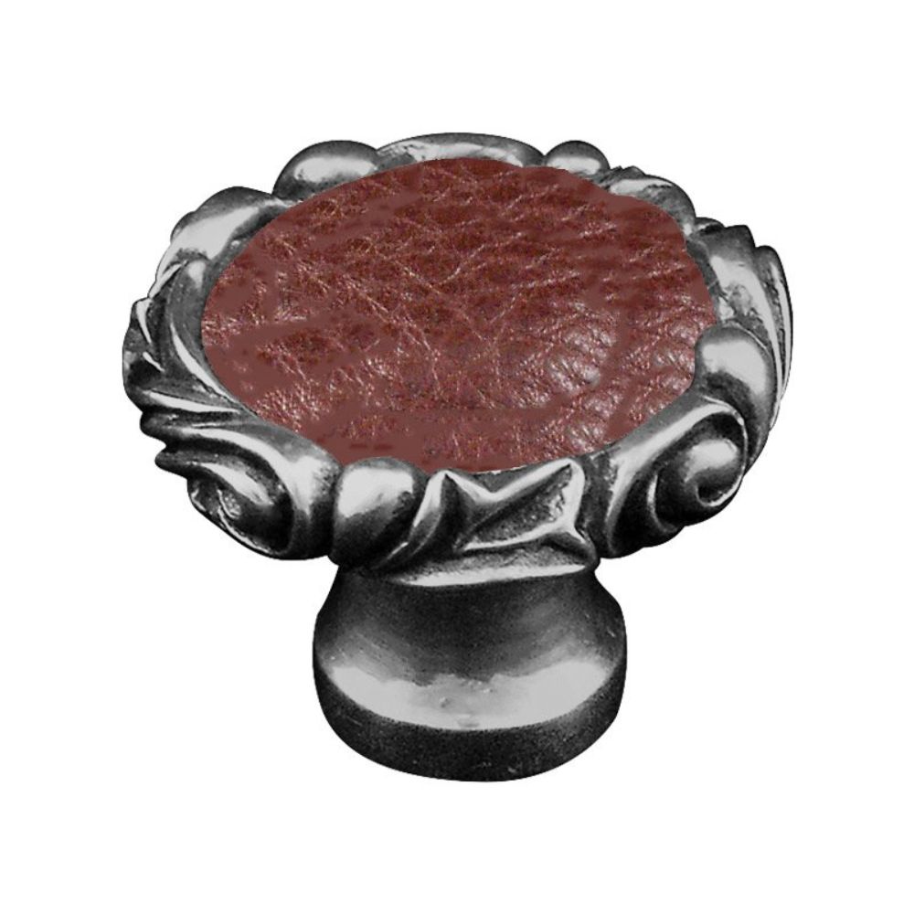 Vicenza K1119P-AN-BR Liscio Knob Large Small Base with Insert in Antique Nickel with Brown Leather Insert