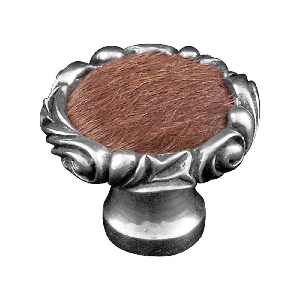 Vicenza K1119P-AS-FB Liscio Knob Large Small Base in antique Silver with Brown Leather and Fur Insert