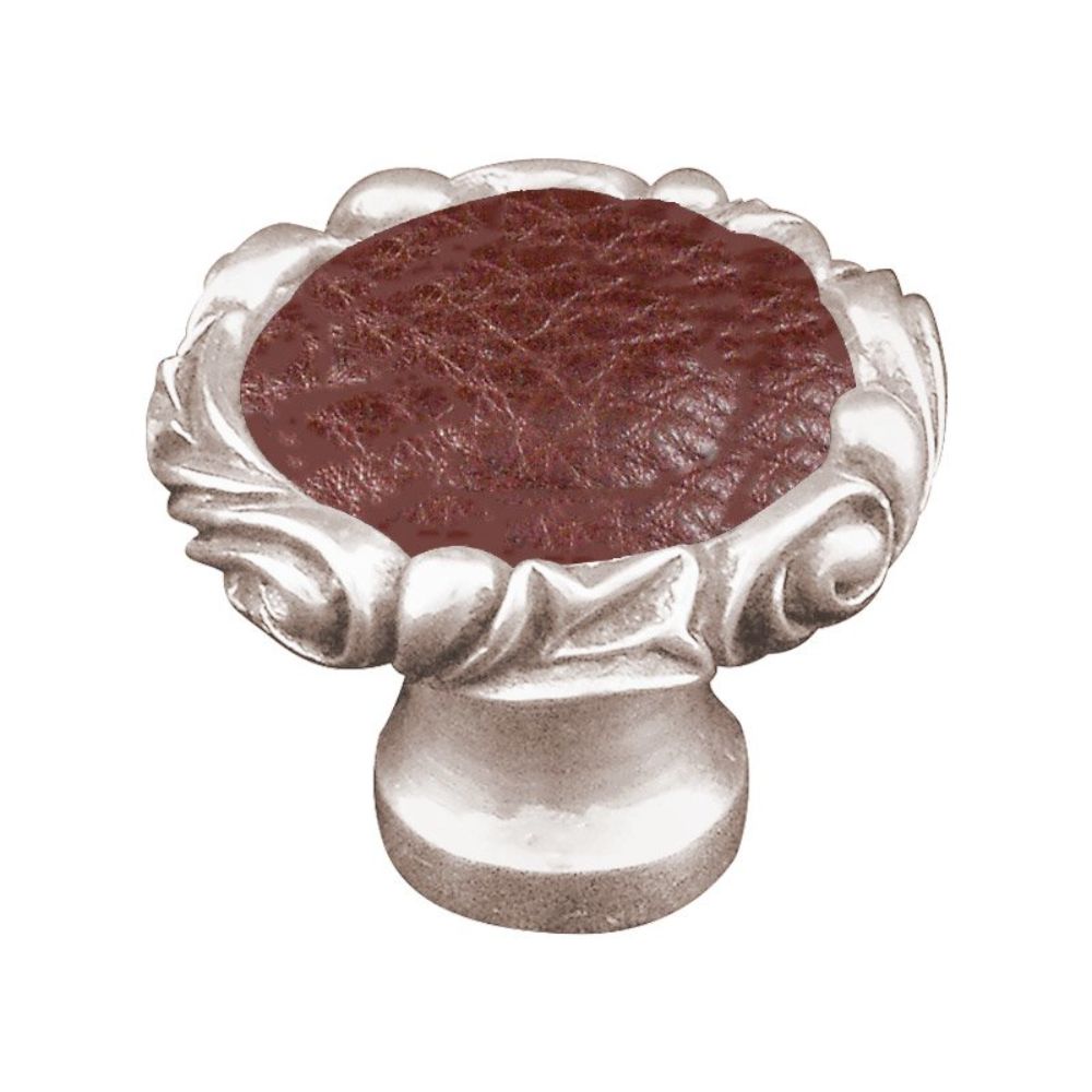 Vicenza K1119P-PN-BR Liscio Knob Large Small Base with Insert in Polished Nickel with Brown Leather Insert