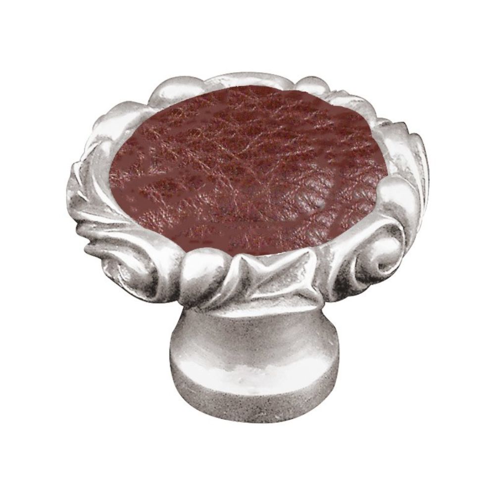 Vicenza K1119P-PS-BR Liscio Knob Large Small Base with Insert in Polished Silver with Brown Leather Insert