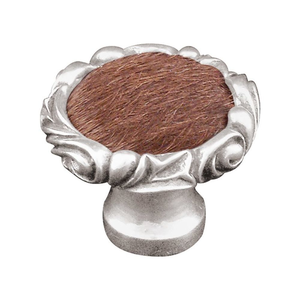Vicenza K1119P-PS-FB Liscio Knob Large Small Base in Polished Silver with Brown Leather and Fur Insert