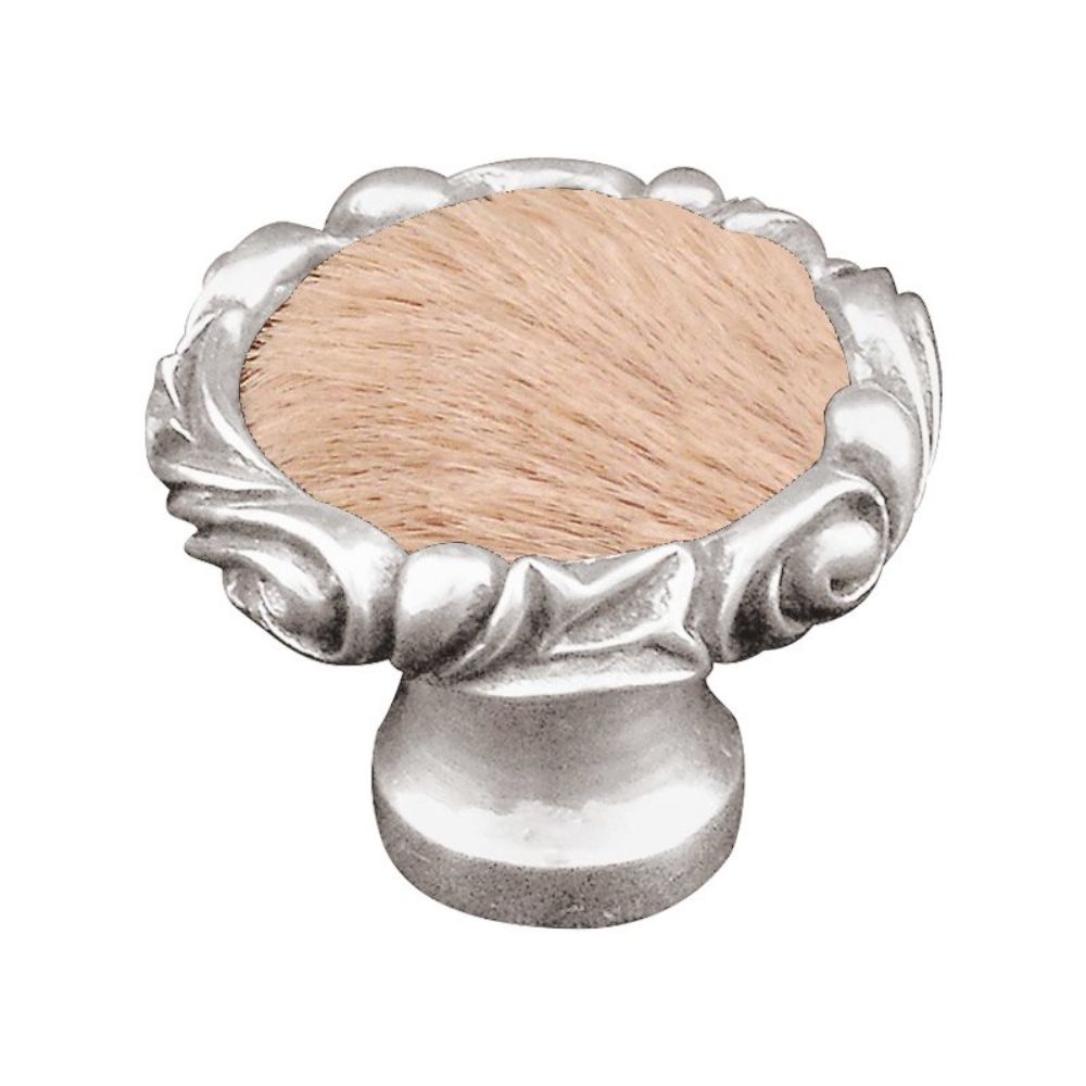 Vicenza K1119P-PS-TF Liscio Knob Large Small Base in Polished Silver with Tan Leather and Fur Insert