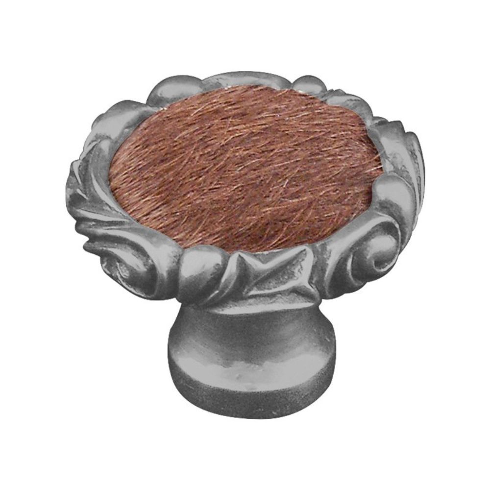 Vicenza K1119P-SN-FB Liscio Knob Large Small Base in Satin Nickel with Brown Leather and Fur Insert