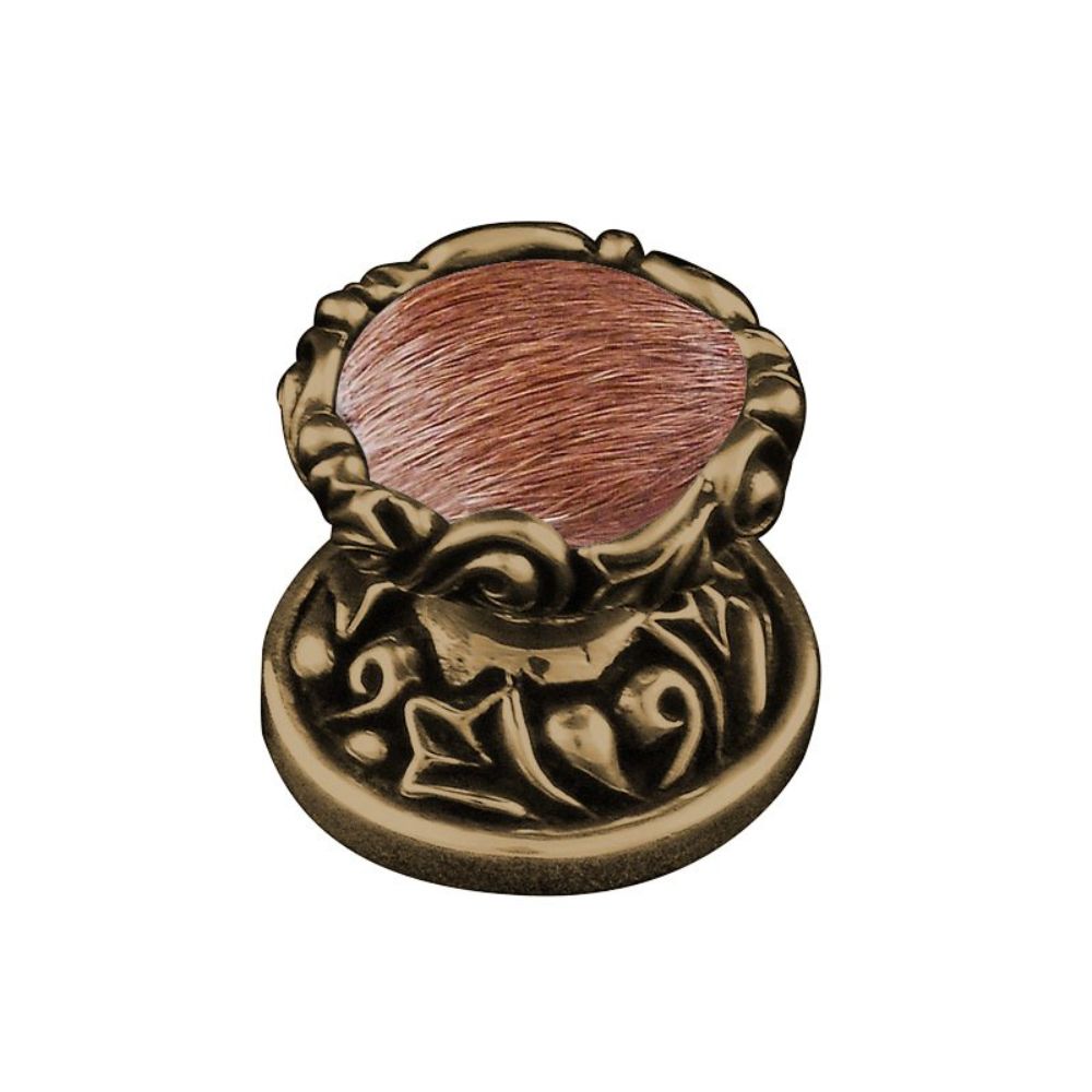 Vicenza K1120-AB-FB Liscio Knob Small in Antique Brass with Brown Leather and Fur Insert