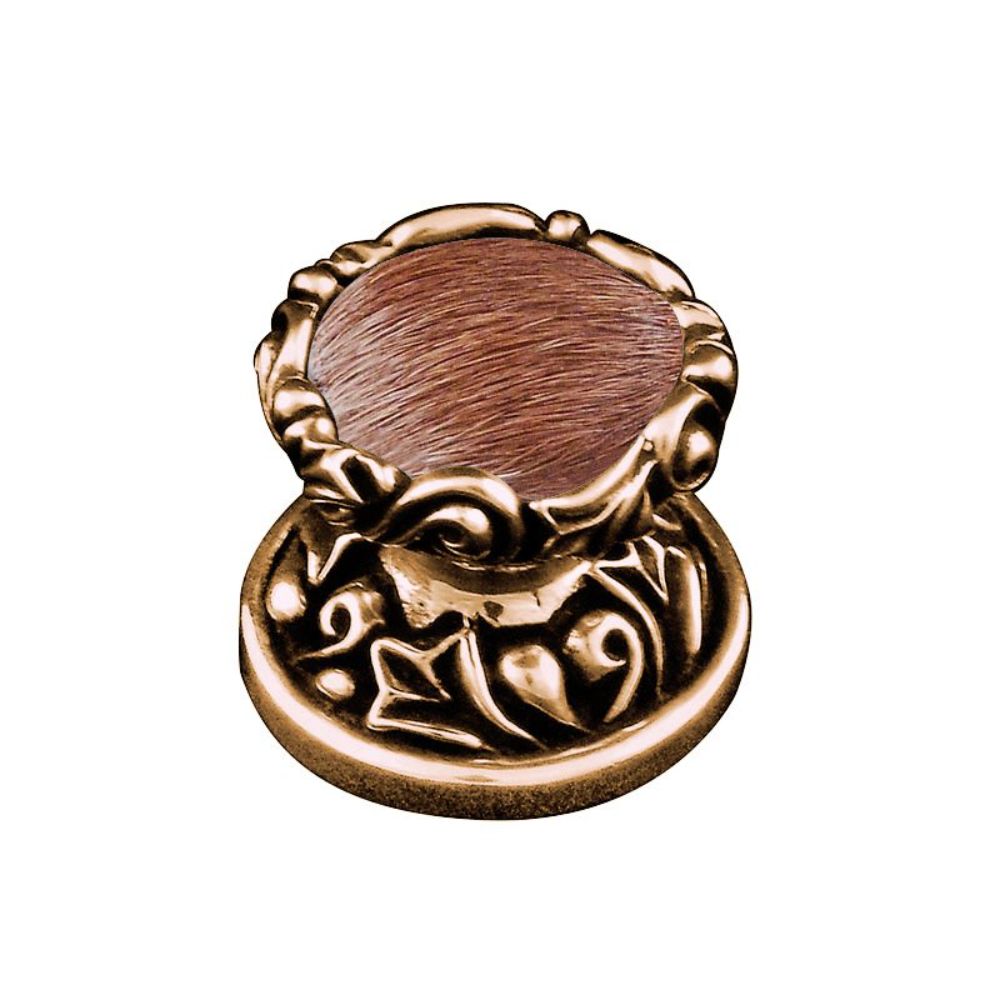 Vicenza K1120-AG-FB Liscio Knob Small in antique Gold with Brown Leather and Fur Insert