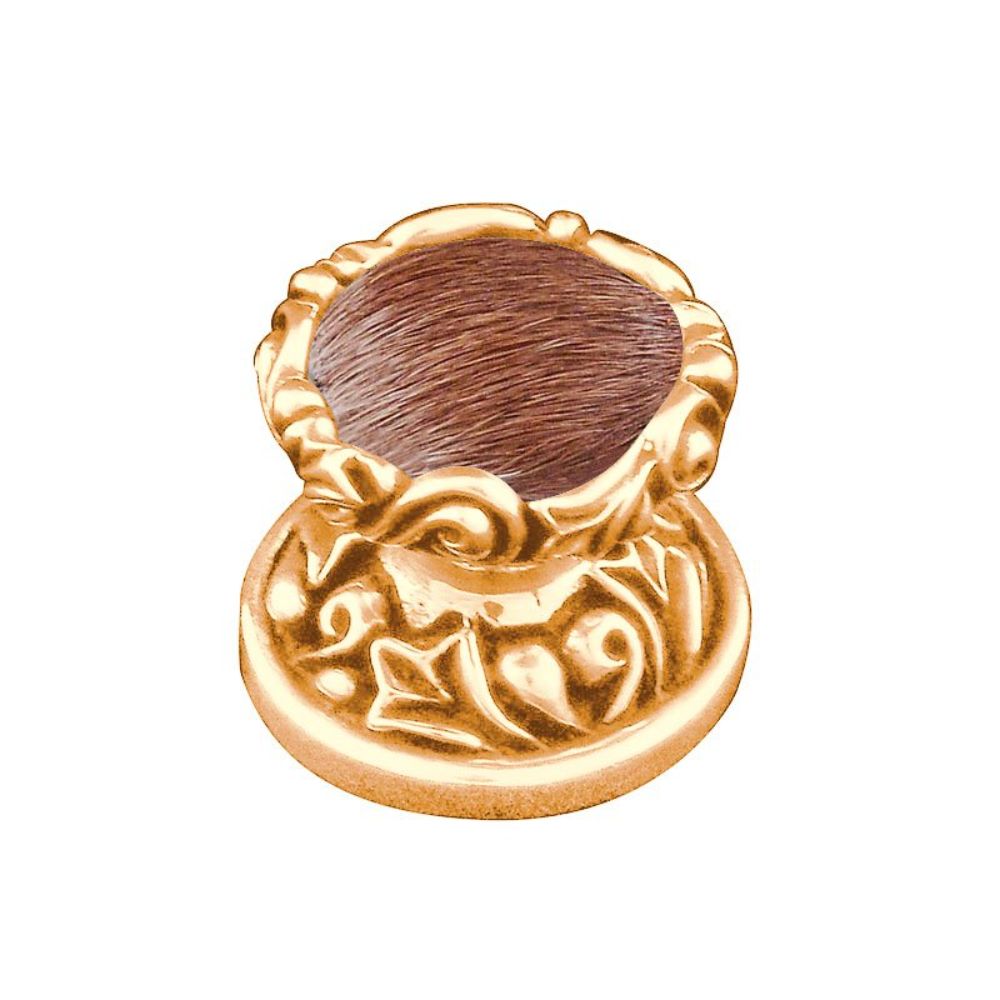 Vicenza K1120-PG-FB Liscio Knob Small in Polished Gold with Brown Leather and Fur Insert