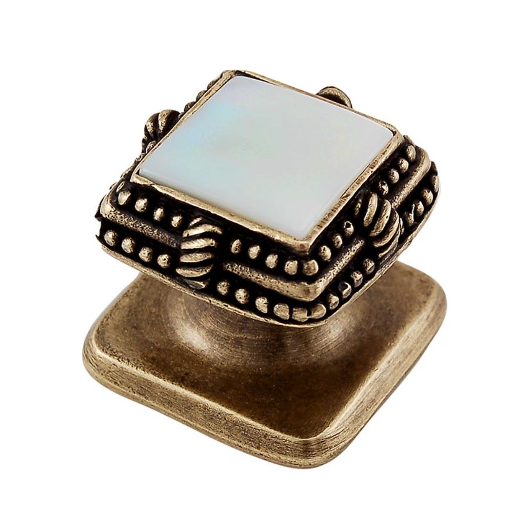 Vicenza K1145-AB-MP Gioiello Knob Small Deco in Antique Brass with Mother of Pearl Leather and Stone Insert