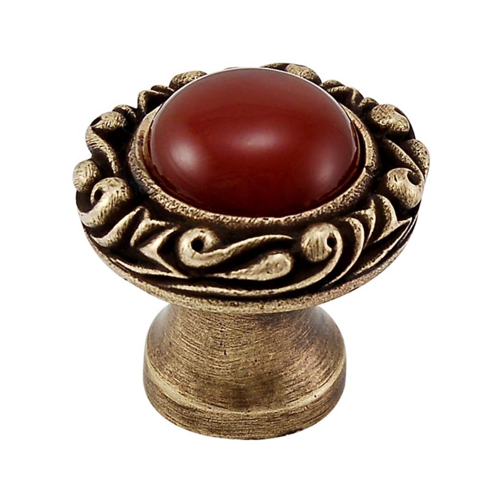 Vicenza K1148P-AB-CA Liscio Knob Small Base with Insert in Antique Brass with Carnelian Leather and Stone Insert
