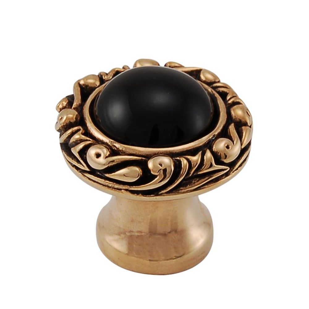Vicenza K1148P-AG-BO Liscio Knob Small Base with Insert in Antique Gold with Black Onyx Leather and Stone Insert