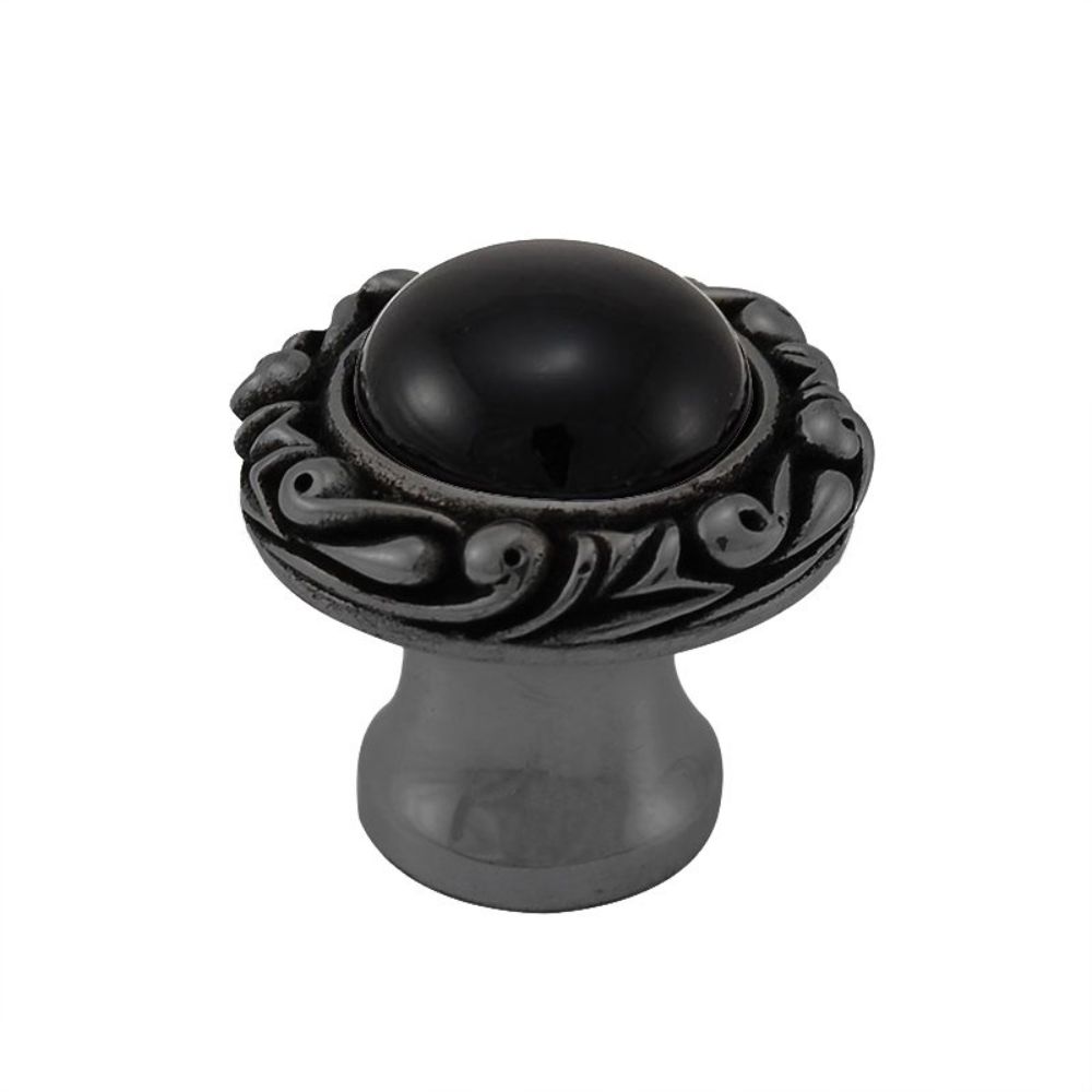Vicenza K1148P-GM-BO Liscio Knob Small Base with Insert in Gunmetal with Black Onyx Leather and Stone Insert