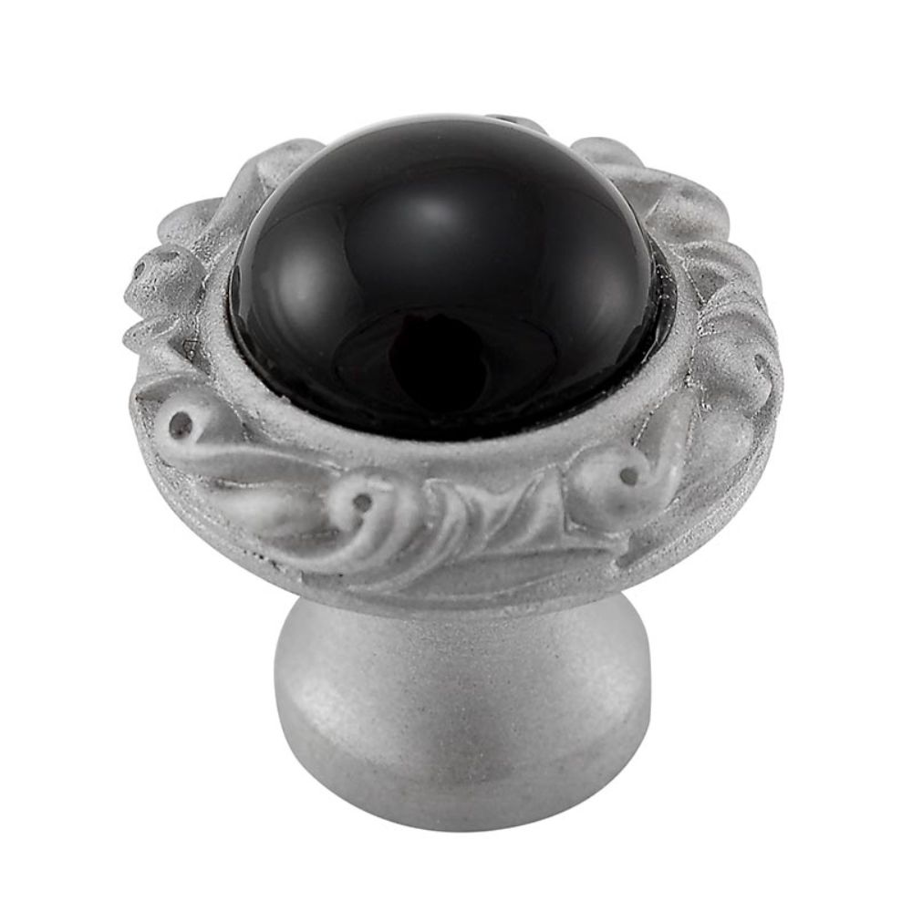 Vicenza K1148P-SN-BO Liscio Knob Small Base with Insert in Satin Nickel with Black Onyx Leather and Stone Insert