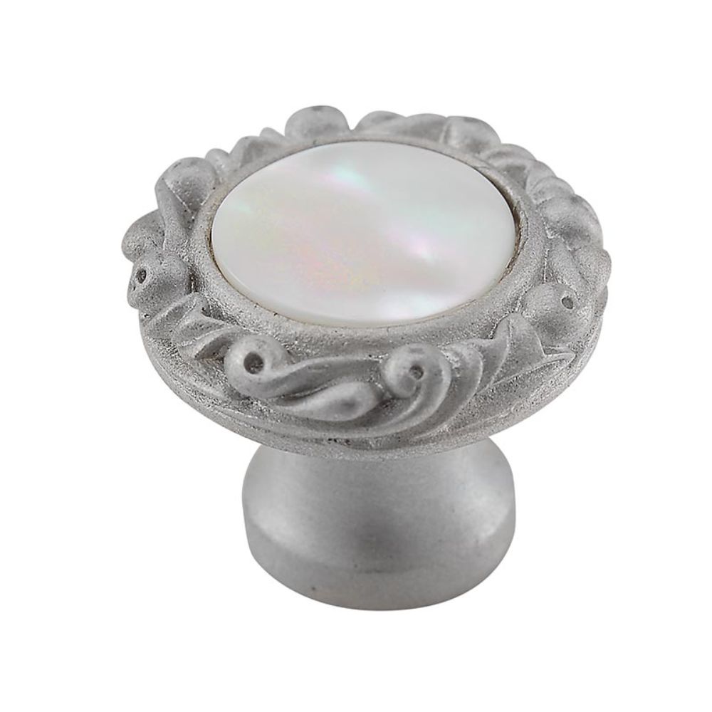 Vicenza K1148P-SN-MP Liscio Knob Small Base with Insert in Satin Nickel with Mother of Pearl Leather and Stone Insert