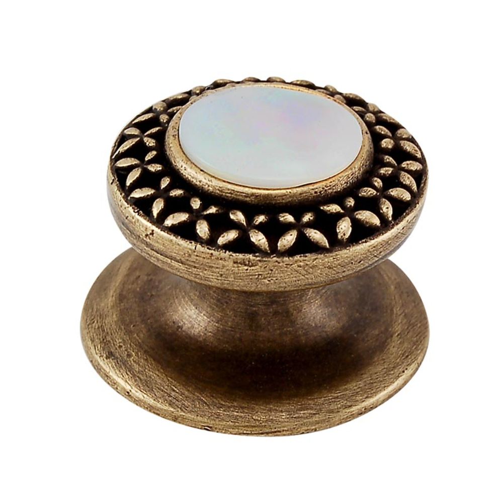 Vicenza K1150-AB-MP Gioiello Knob Small Kisses in Antique Brass with Mother of Pearl Leather and Stone Insert