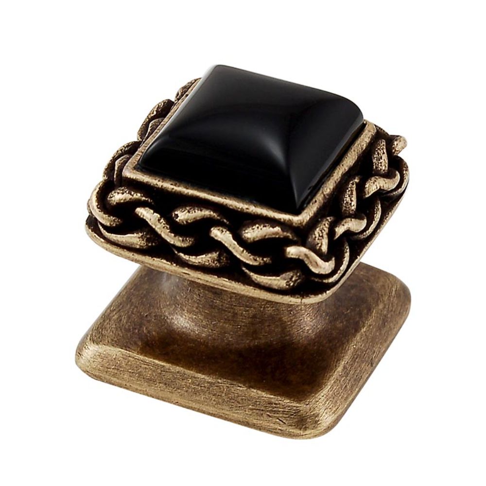 Vicenza K1151-AB-BO Gioiello Knob Small Wavy Lines in Antique Brass with Black Onyx Leather and Stone Insert