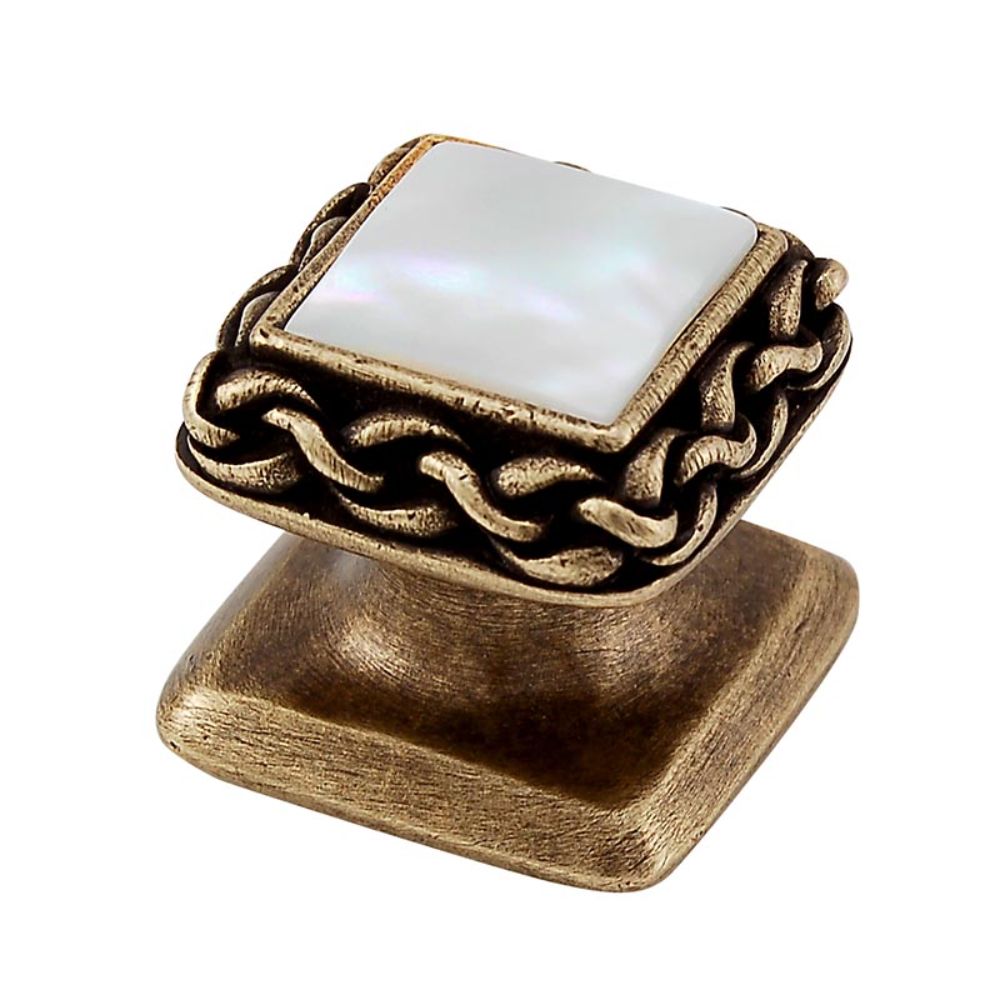 Vicenza K1151-AB-MP Gioiello Knob Small Wavy Lines in Antique Brass with Mother of Pearl Leather and Stone Insert