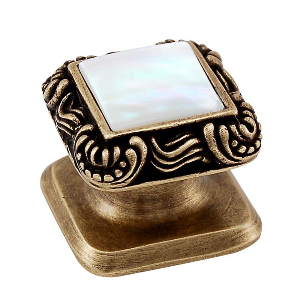 Vicenza K1152-AB-MP Gioiello Knob Small Victorian in Antique Brass with Mother of Pearl Leather and Stone Insert