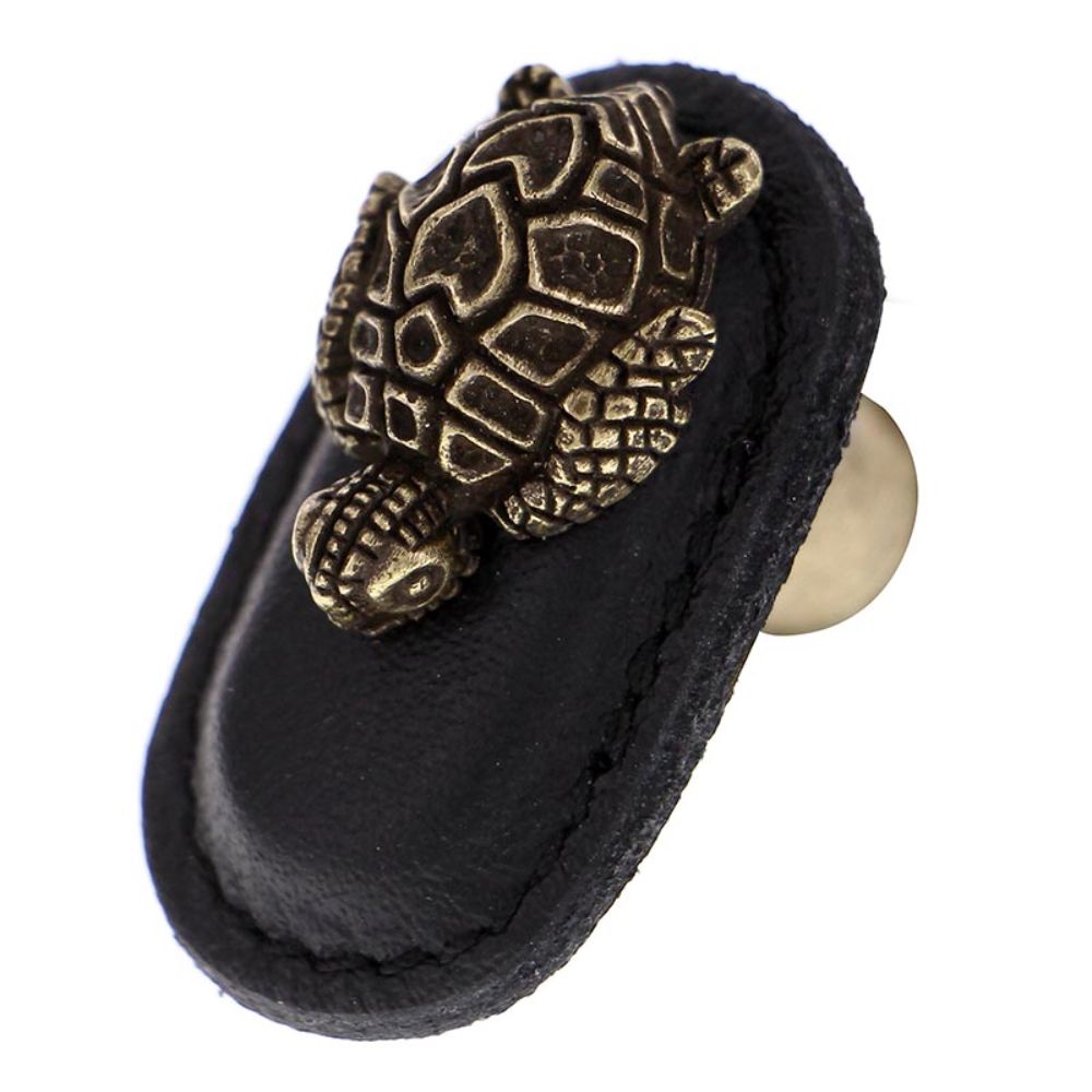 Vicenza K1175-AB-BL Pollino Knob Large Turtle in Antique Brass with Black Leather