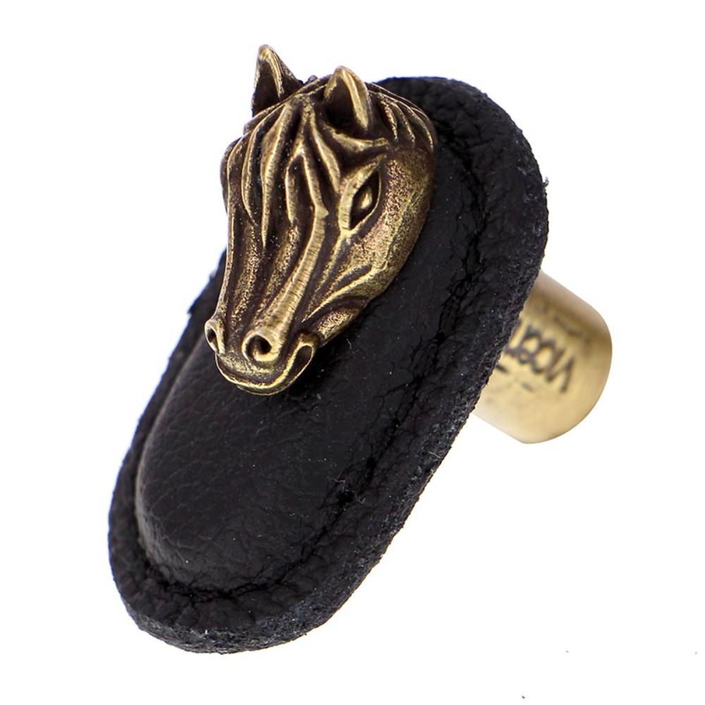 Vicenza K1177-AB-BL Equestre Knob Large Horse in Antique Brass with Black Leather