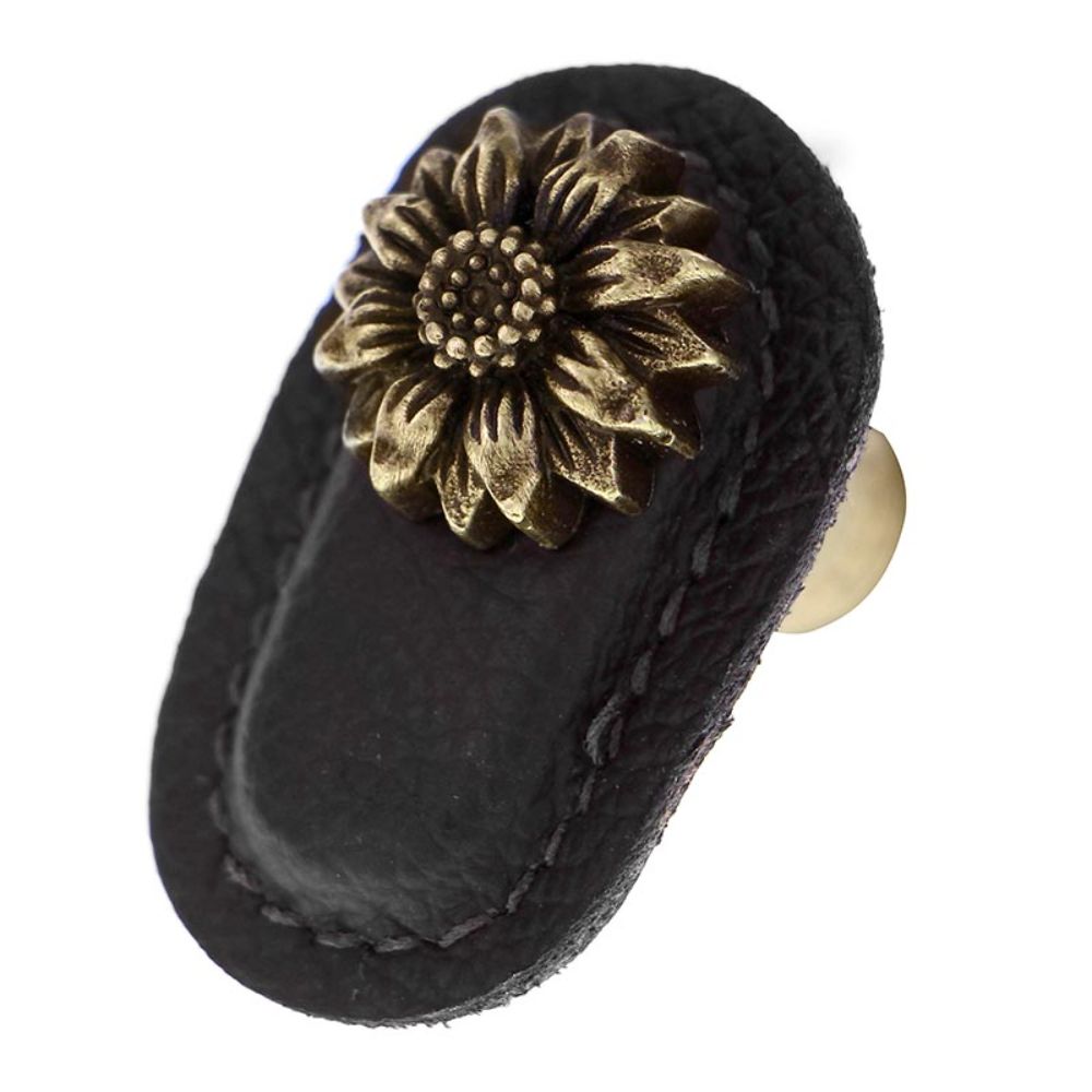 Vicenza K1181-AB-BL Carlotta Knob Large Daisy in Antique Brass with Black Leather