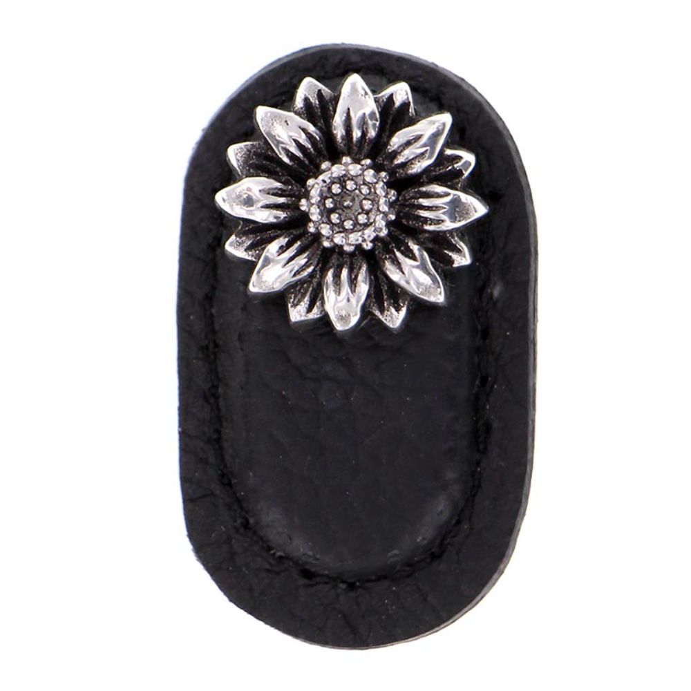 Vicenza K1181-AS-BL Carlotta Knob Large Daisy in Antique Silver with Black Leather