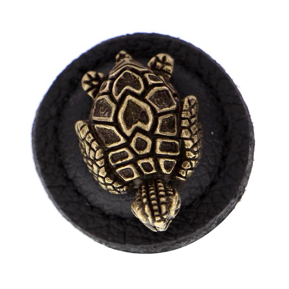 Vicenza K1270-AB-BL Pollino Knob Large Round Turtle in Antique Brass with Black Leather