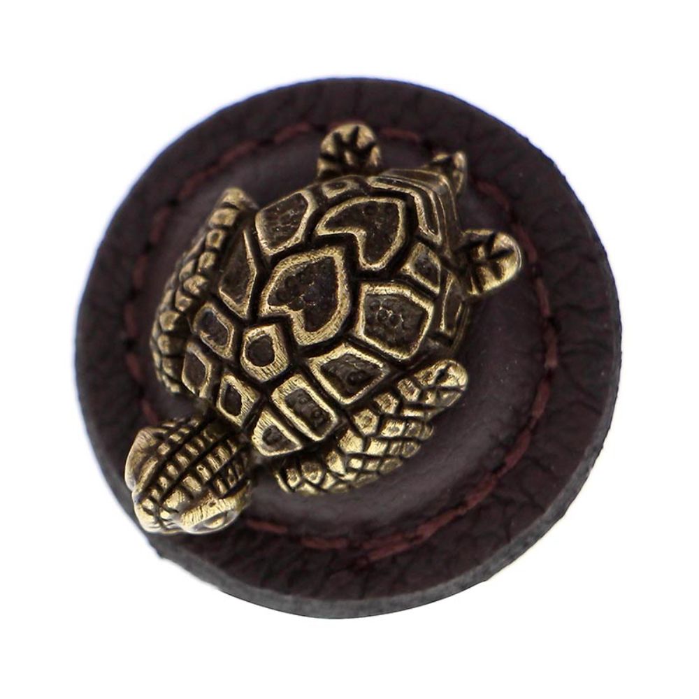 Vicenza K1270-AB-BR Pollino Knob Large Round Turtle in Antique Brass with Brown Leather