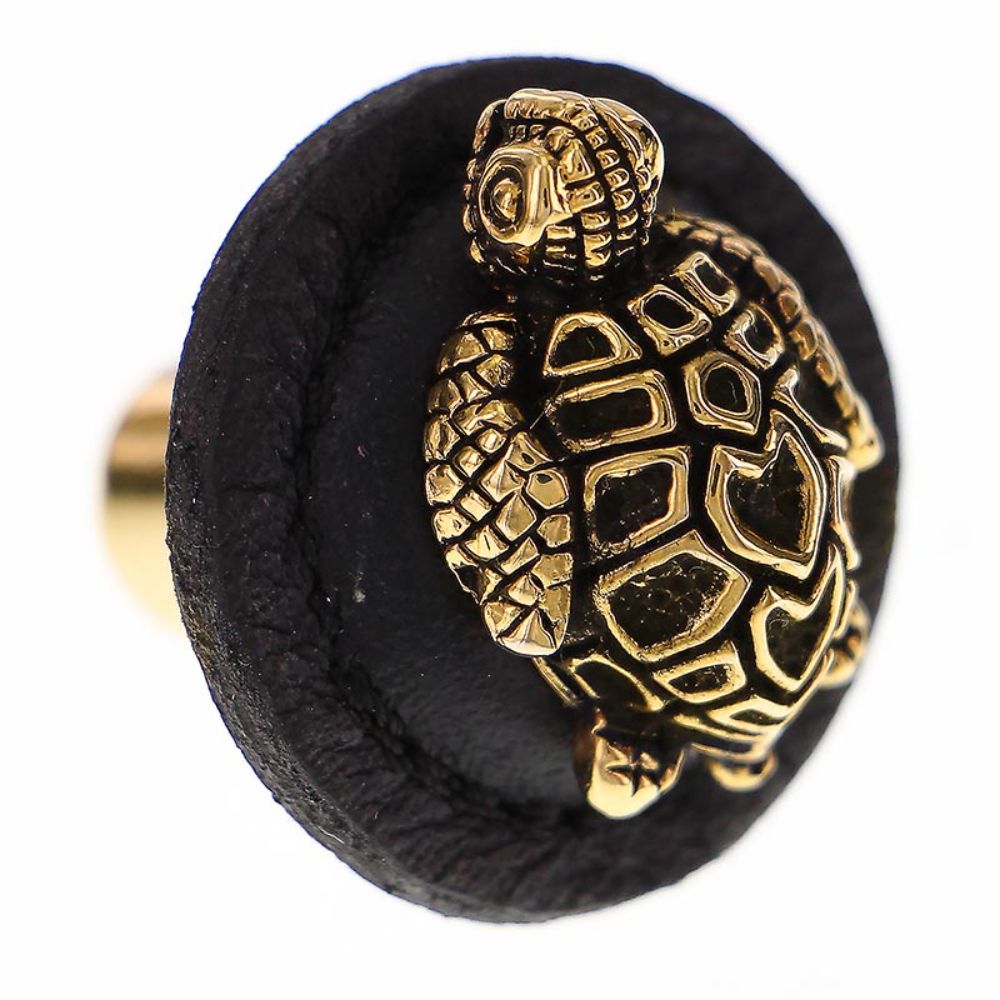 Vicenza K1270-AG-BL Pollino Knob Large Round Turtle in Antique Gold with Black Leather