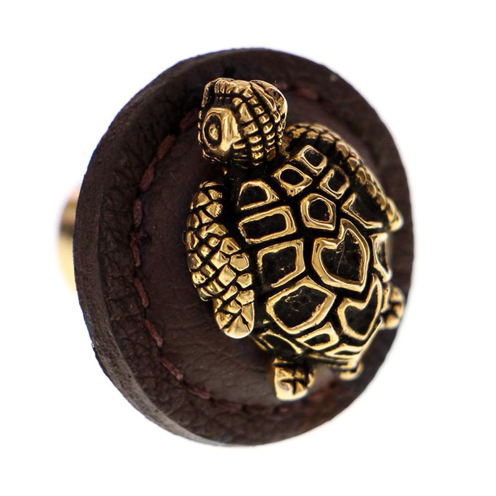 Vicenza K1270-AG-BR Pollino Knob Large Round Turtle in Antique Gold with Brown Leather