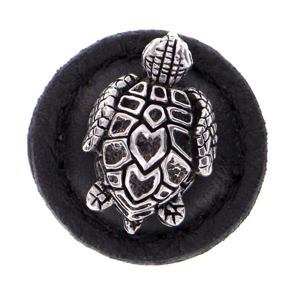 Vicenza K1270-AS-BL Pollino Knob Large Round Turtle in Antique Silver with Black Leather