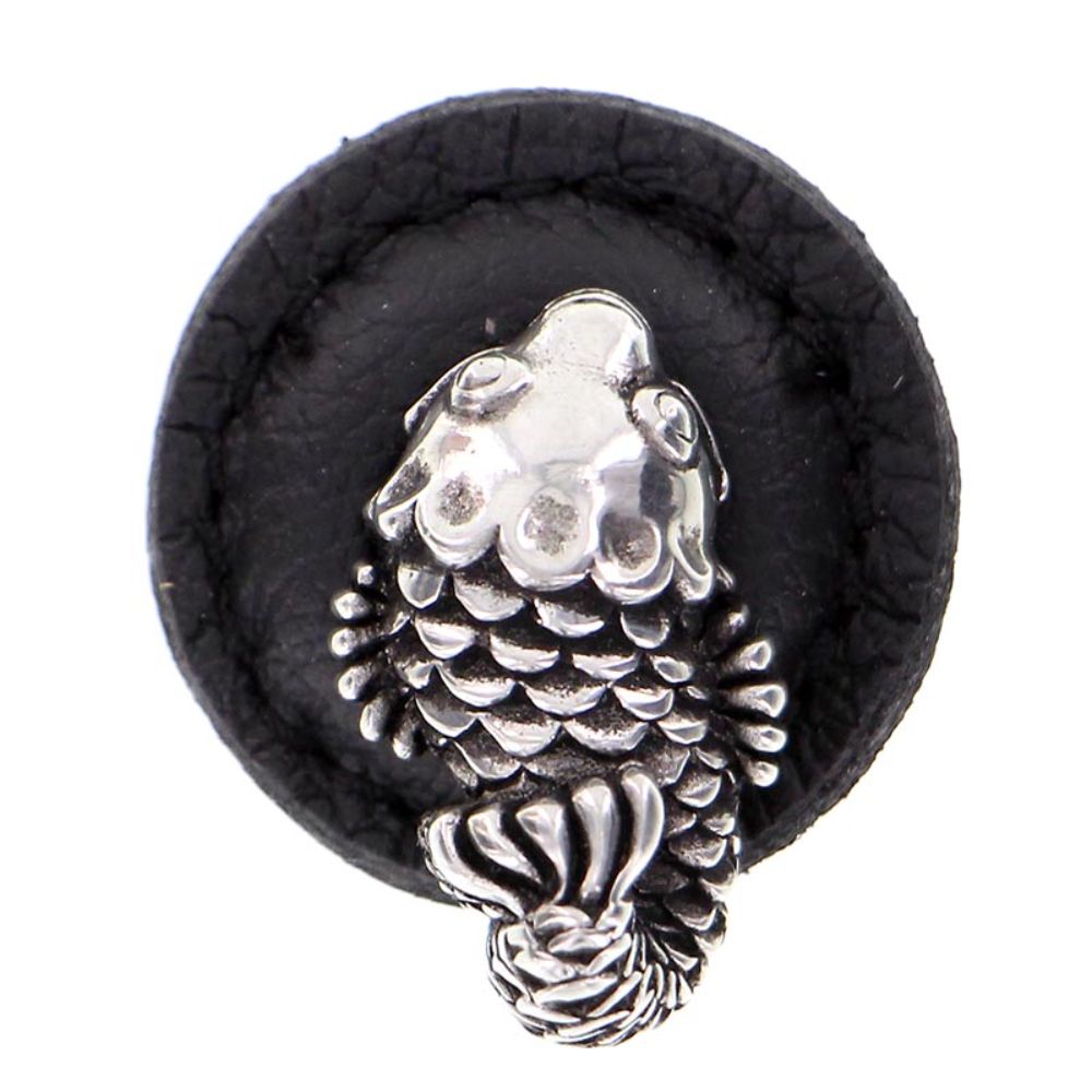Vicenza K1271-AS-BL Pollino Knob Large Round Koi in Antique Silver with Black Leather