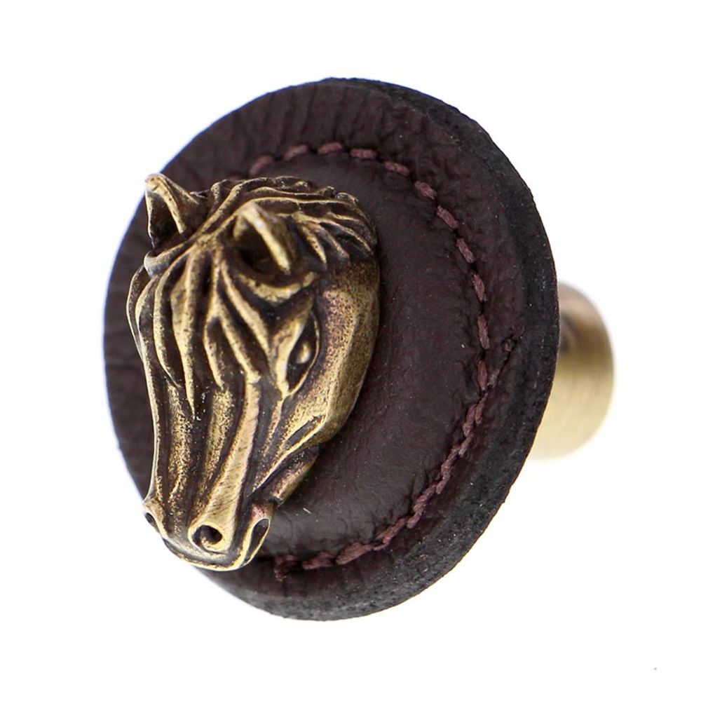 Vicenza K1273-AB-BR Equestre Knob Large Round Horse in Antique Brass with Brown Leather