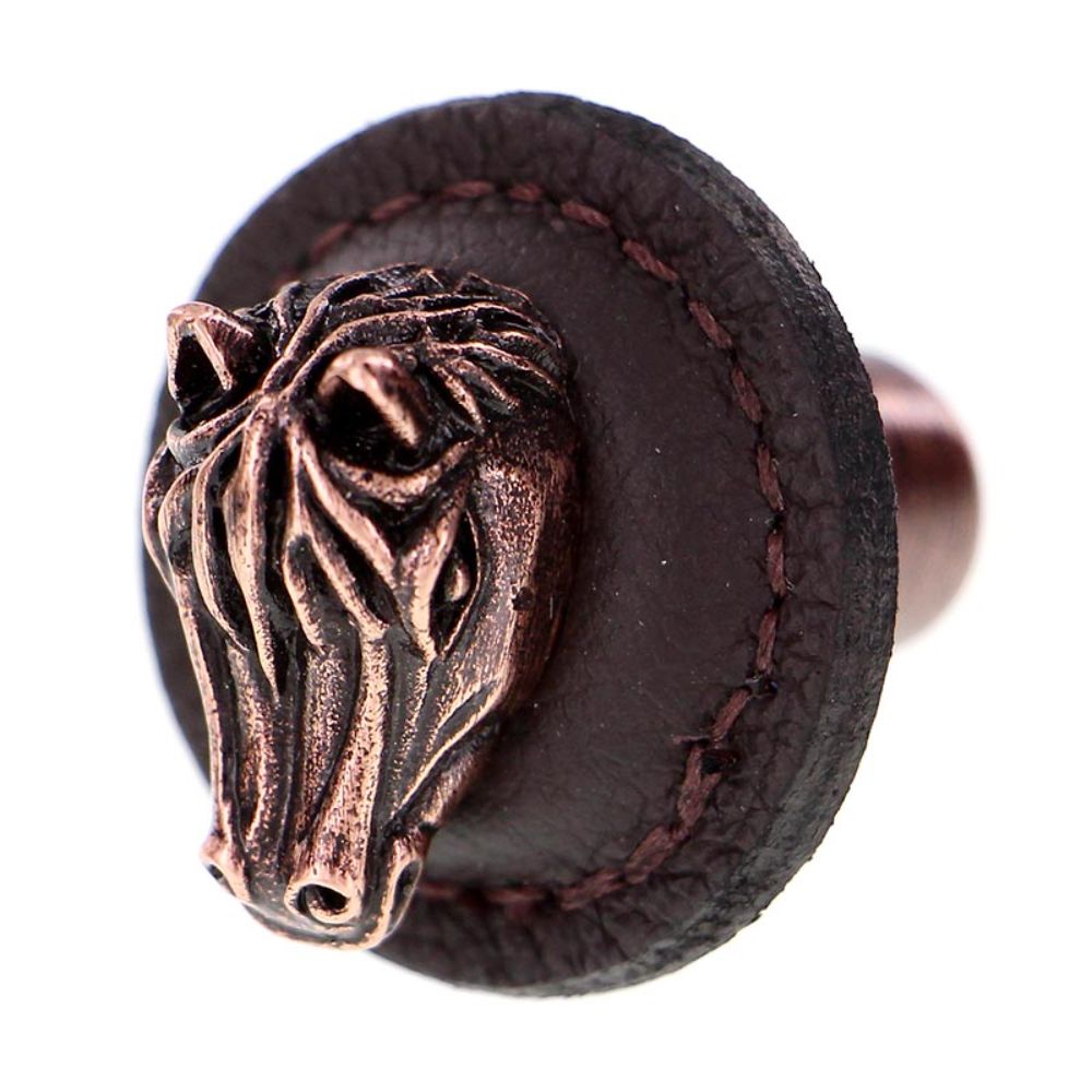 Vicenza K1273-AC-BR Equestre Knob Large Round Horse in Antique Copper with Brown Leather