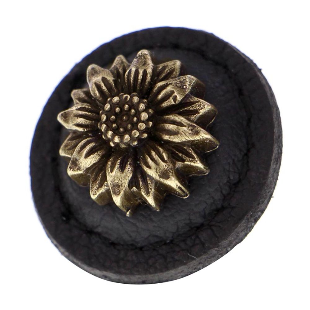 Vicenza K1274-AB-BL Carlotta Knob Large Round Daisy in Antique Brass with Black Leather