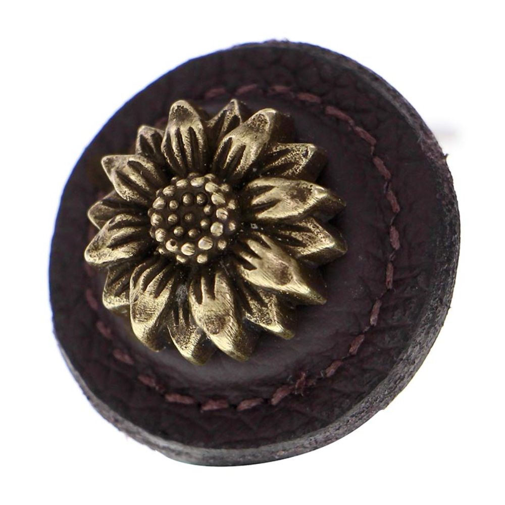 Vicenza K1274-AB-BR Carlotta Knob Large Round Daisy in Antique Brass with Brown Leather