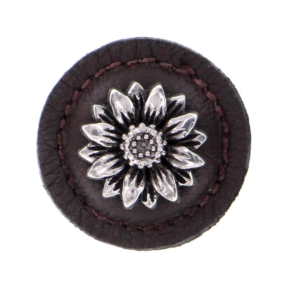 Vicenza K1274-AS-BR Carlotta Knob Large Round Daisy in Antique Silver with Brown Leather