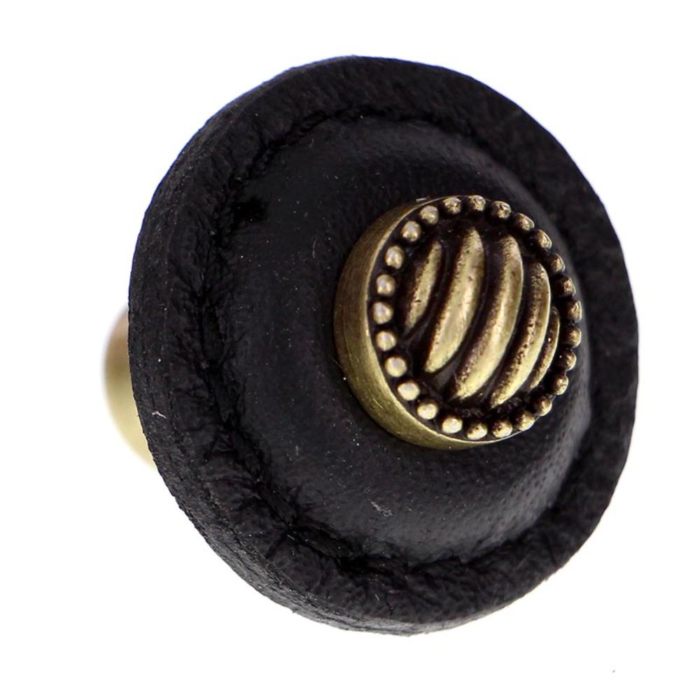 Vicenza K1280-AB-BL Sanzio Knob Large Round Lines and Beads in Antique Brass with Black Leather