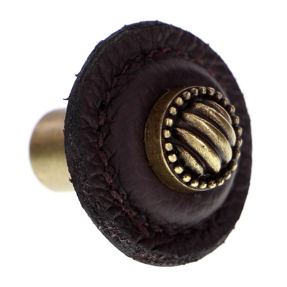 Vicenza K1280-AB-BR Sanzio Knob Large Round Lines and Beads in Antique Brass with Brown Leather