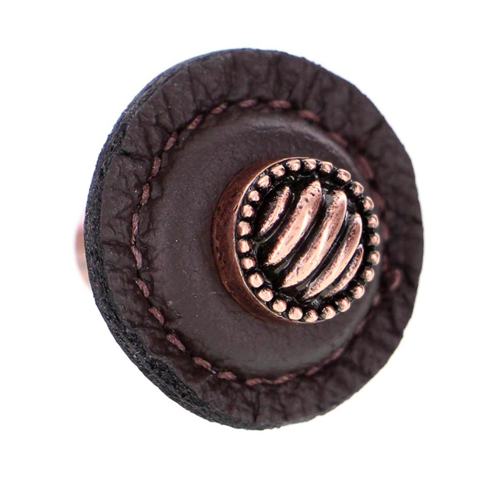 Vicenza K1280-AC-BR Sanzio Knob Large Round Lines and Beads in Antique Copper with Brown Leather
