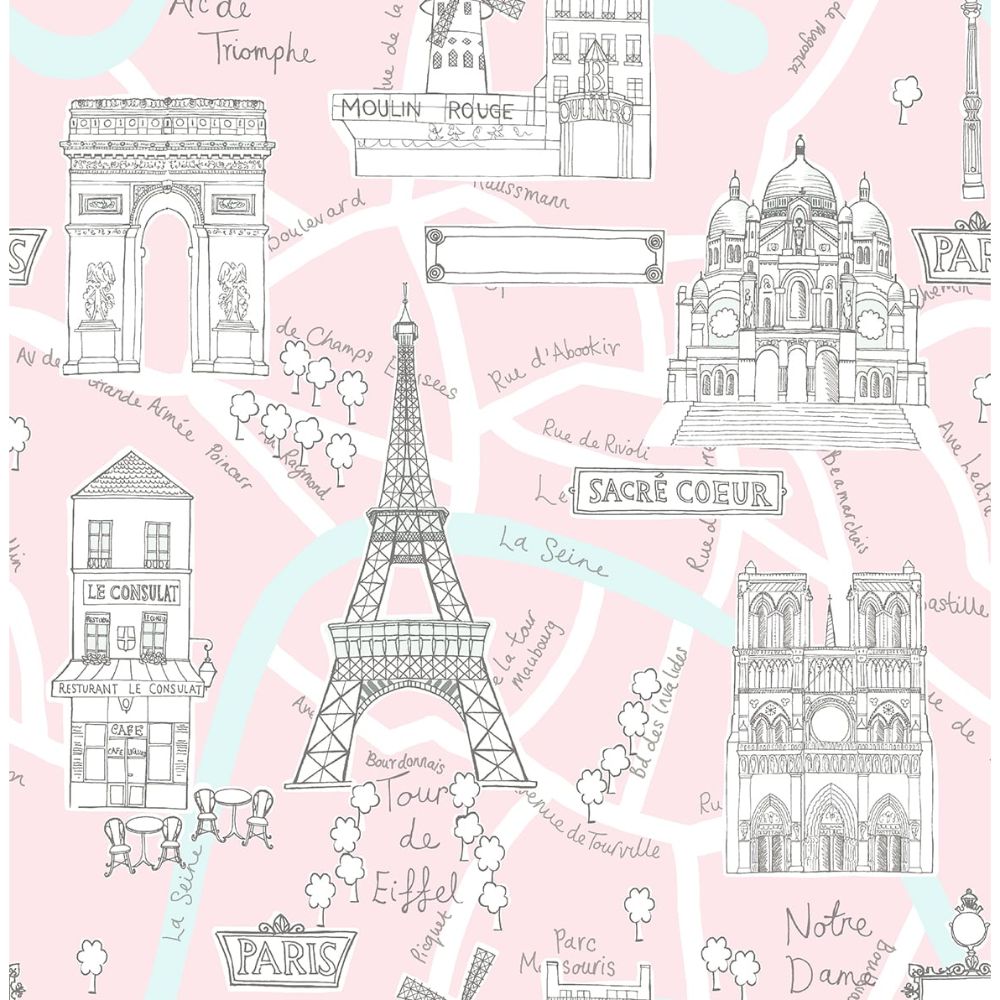 NextWall NW44801 Paris Scene Wallpaper in Pale Pink