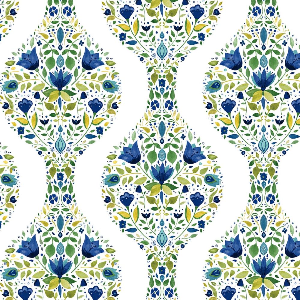 NextWall NW45004 Floral Ogee Wallpaper in Cobalt & Spring Green