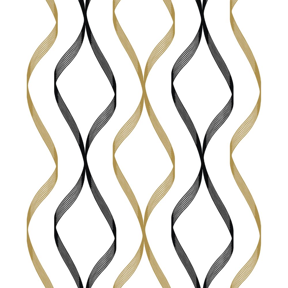 NextWall NW45100 Ogee Ribbon Wallpaper in Metallic Gold & Ebony