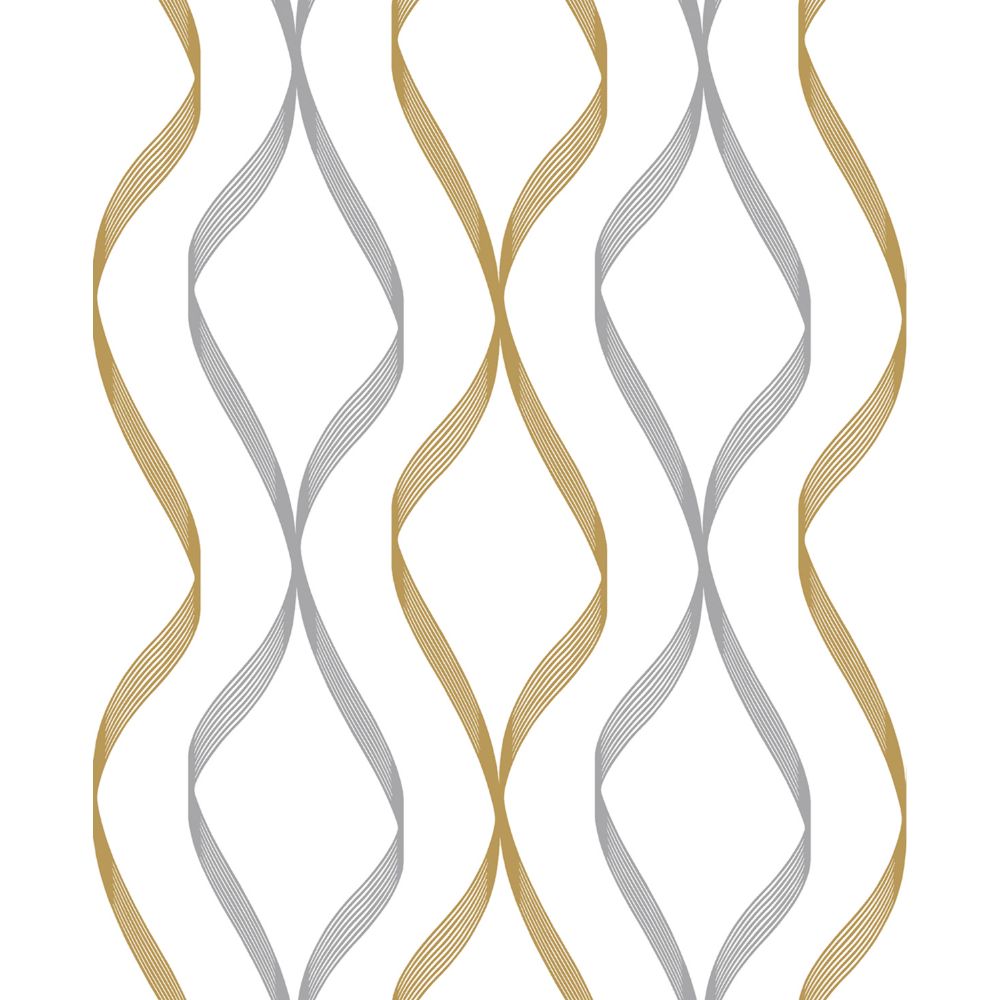 NextWall NW45105 Ogee Ribbon Wallpaper in Silver & Gold