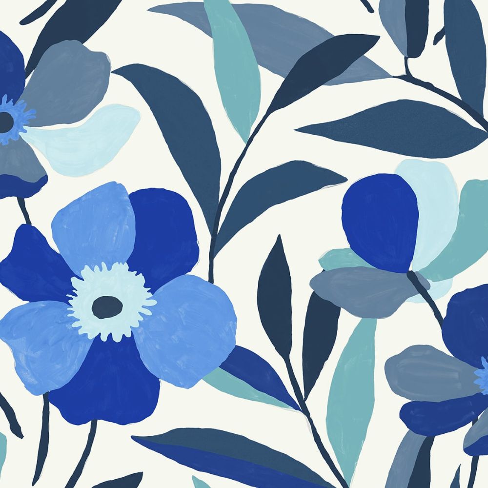 NextWall NW45302 Garden Block Floral Wallpaper in Cobalt Blue & Lagoon