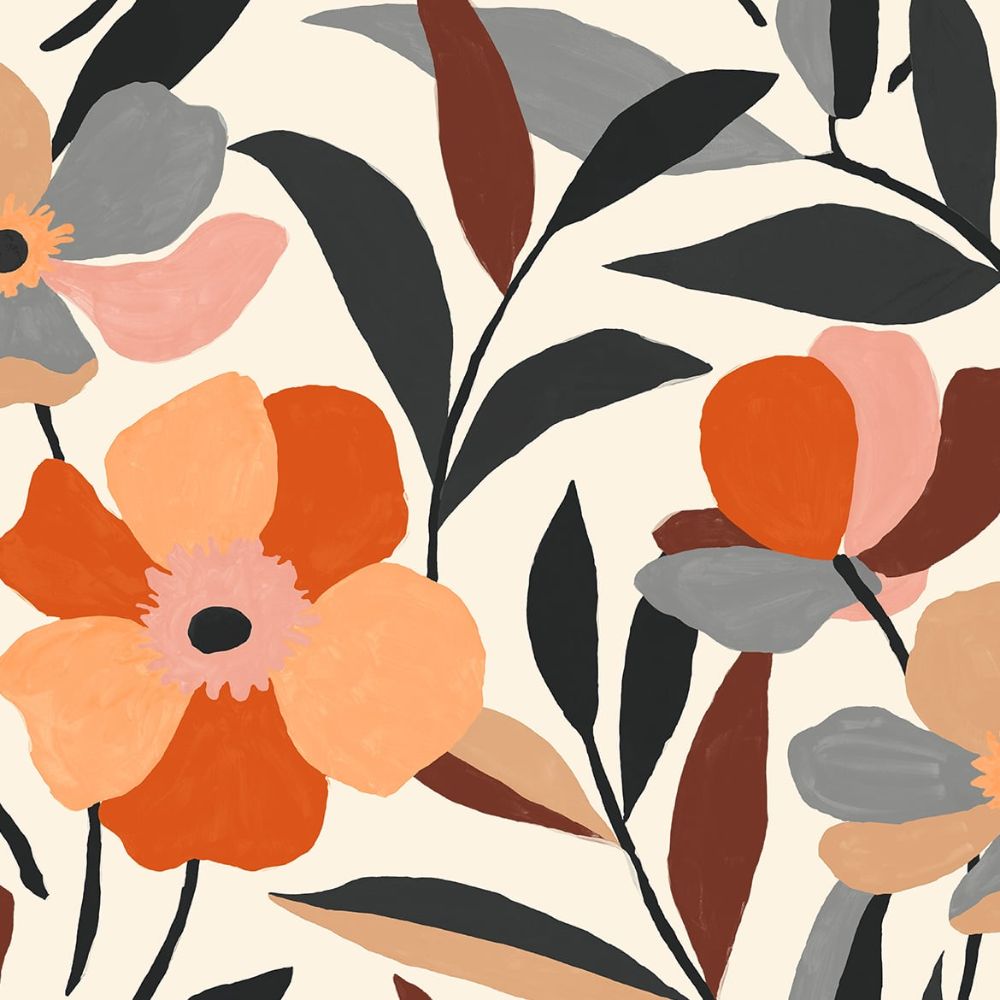 NextWall NW45306 Garden Block Floral Wallpaper in Orange & Ebony